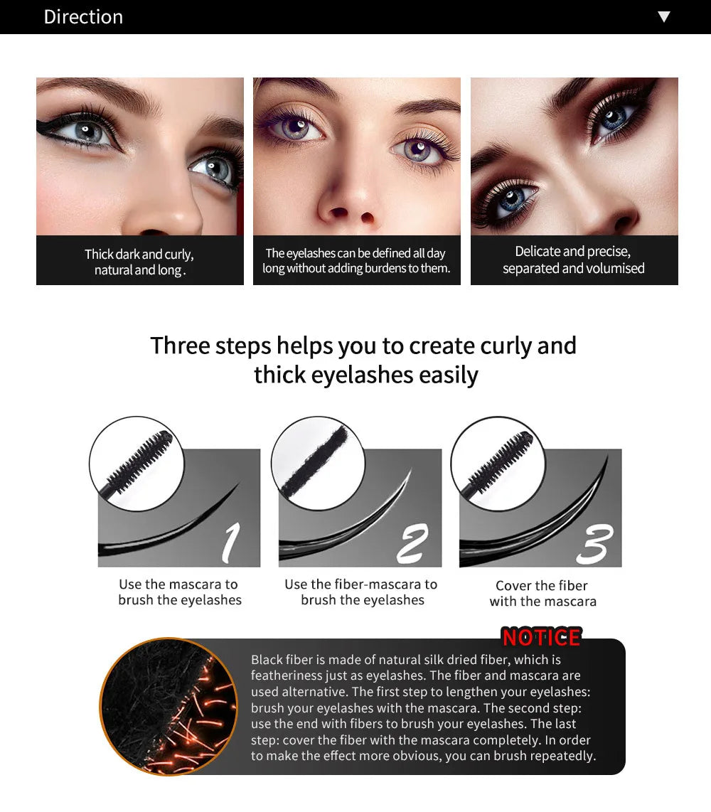 3D Lash Volumizing Mascara 2-Piece Set, Lengthening & Curling Effect, Waterproof Smudge-Proof for Dramatic Long Lashes, Black