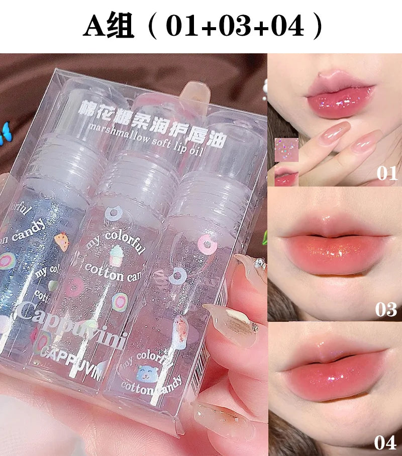 3Pcs/box Transparent Glitter Lip Gloss Set Clear Water Light Lip Glaze Moisturizer Color Changing Lip Oil Jelly Mirror Lipsticks