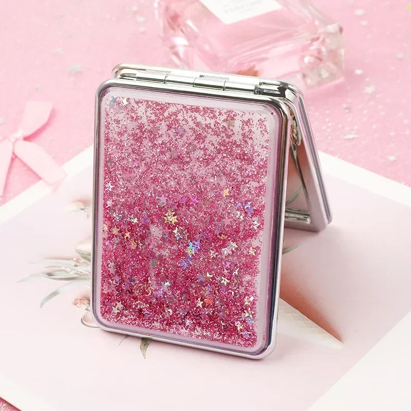 Folding Double-Sided Cosmetic Mirrors for Women Gifts with Flowing Sparkling Sand Mini Makeup Mirror Compact Pocket Mirrors Pink