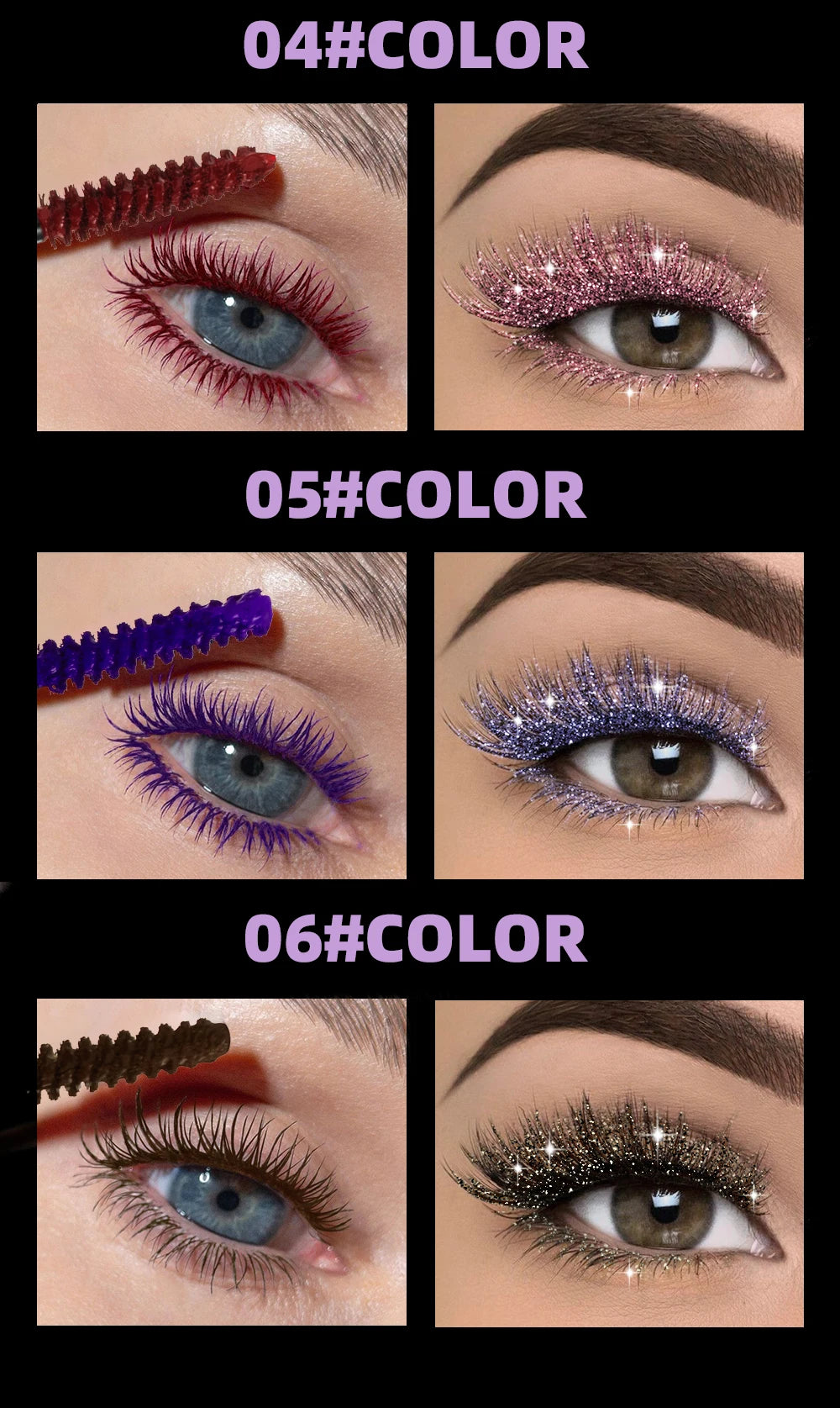 QIBEST Double Ended Diamond Glitter Mascara Lasting Colored Mascara Eyelashes Pink Blue Green Red Voluminous Mascara Rimel