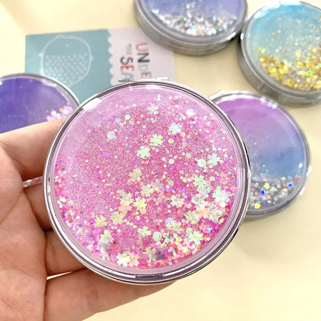 Folding Double-Sided Cosmetic Mirrors for Women Gifts with Flowing Sparkling Sand Mini Makeup Mirror Compact Pocket Mirrors Pink