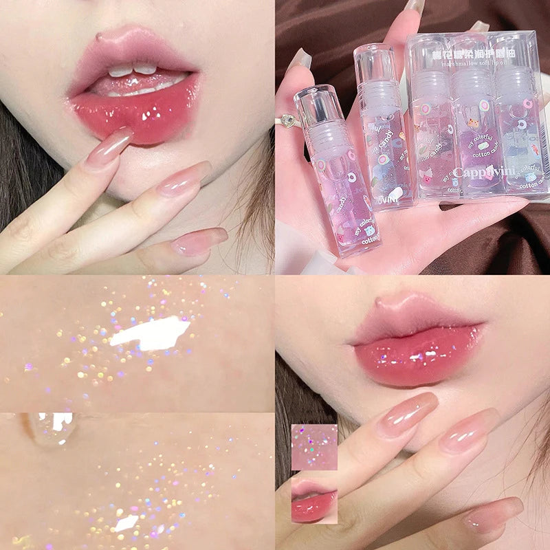 3Pcs/box Transparent Glitter Lip Gloss Set Clear Water Light Lip Glaze Moisturizer Color Changing Lip Oil Jelly Mirror Lipsticks