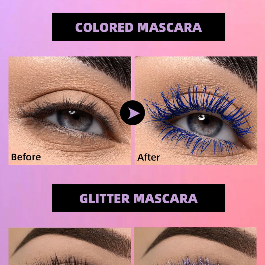 QIBEST Double Ended Diamond Glitter Mascara Lasting Colored Mascara Eyelashes Pink Blue Green Red Voluminous Mascara Rimel