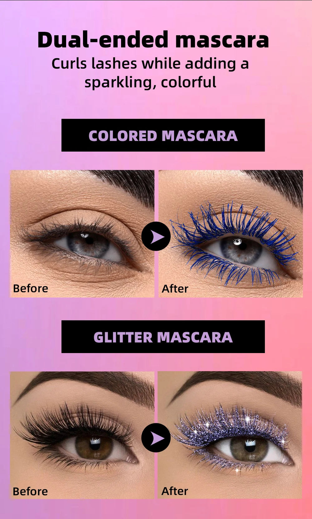QIBEST Double Ended Diamond Glitter Mascara Lasting Colored Mascara Eyelashes Pink Blue Green Red Voluminous Mascara Rimel