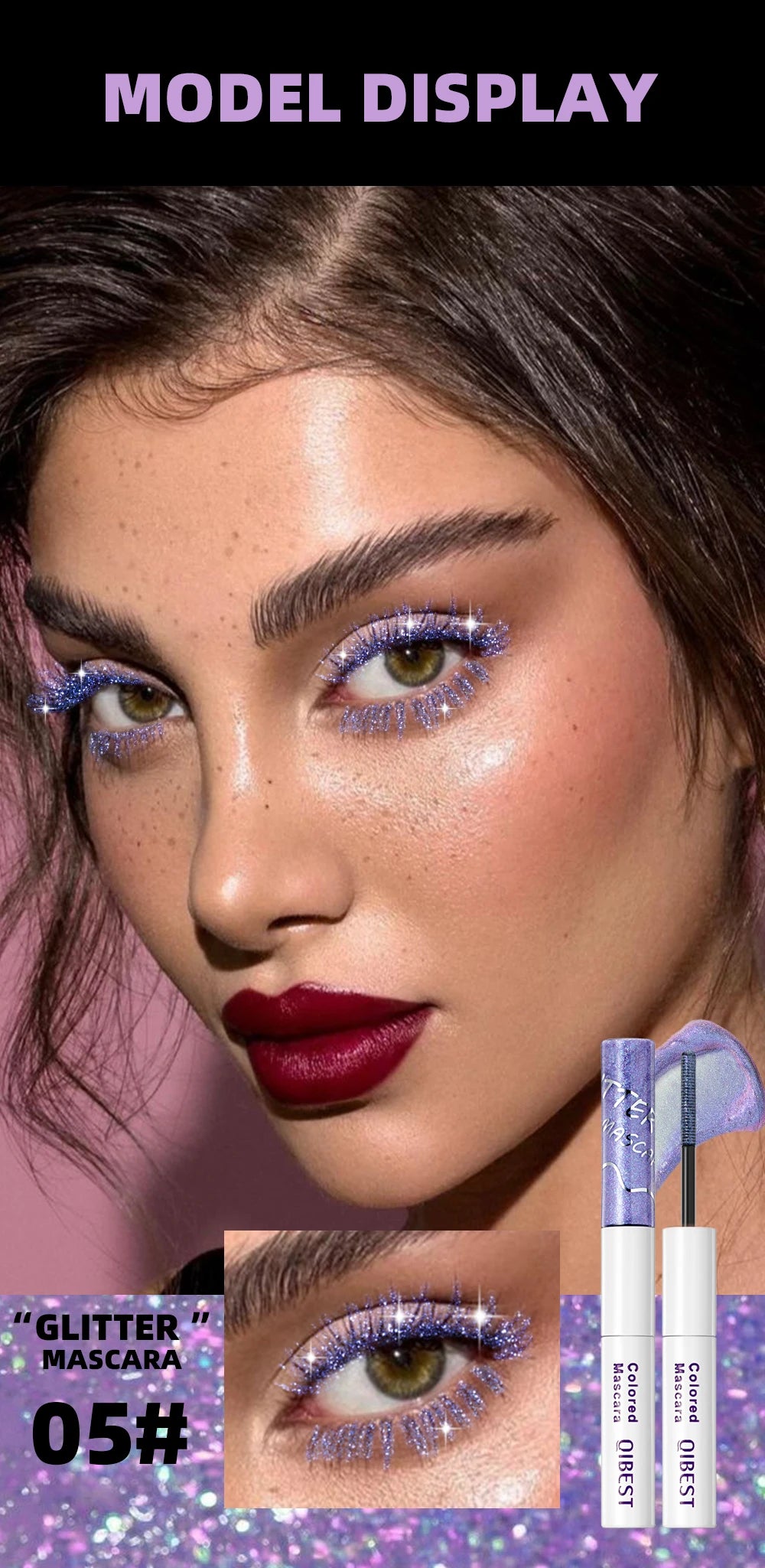 QIBEST Double Ended Diamond Glitter Mascara Lasting Colored Mascara Eyelashes Pink Blue Green Red Voluminous Mascara Rimel