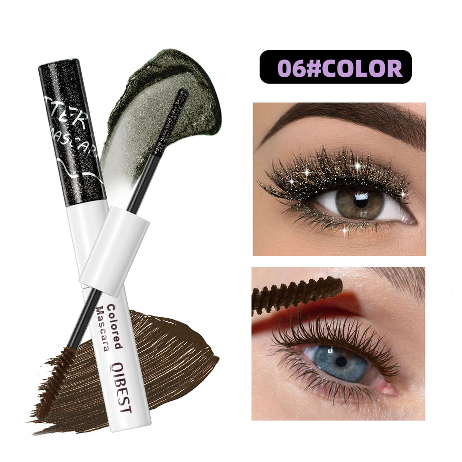 QIBEST Double Ended Diamond Glitter Mascara Lasting Colored Mascara Eyelashes Pink Blue Green Red Voluminous Mascara Rimel