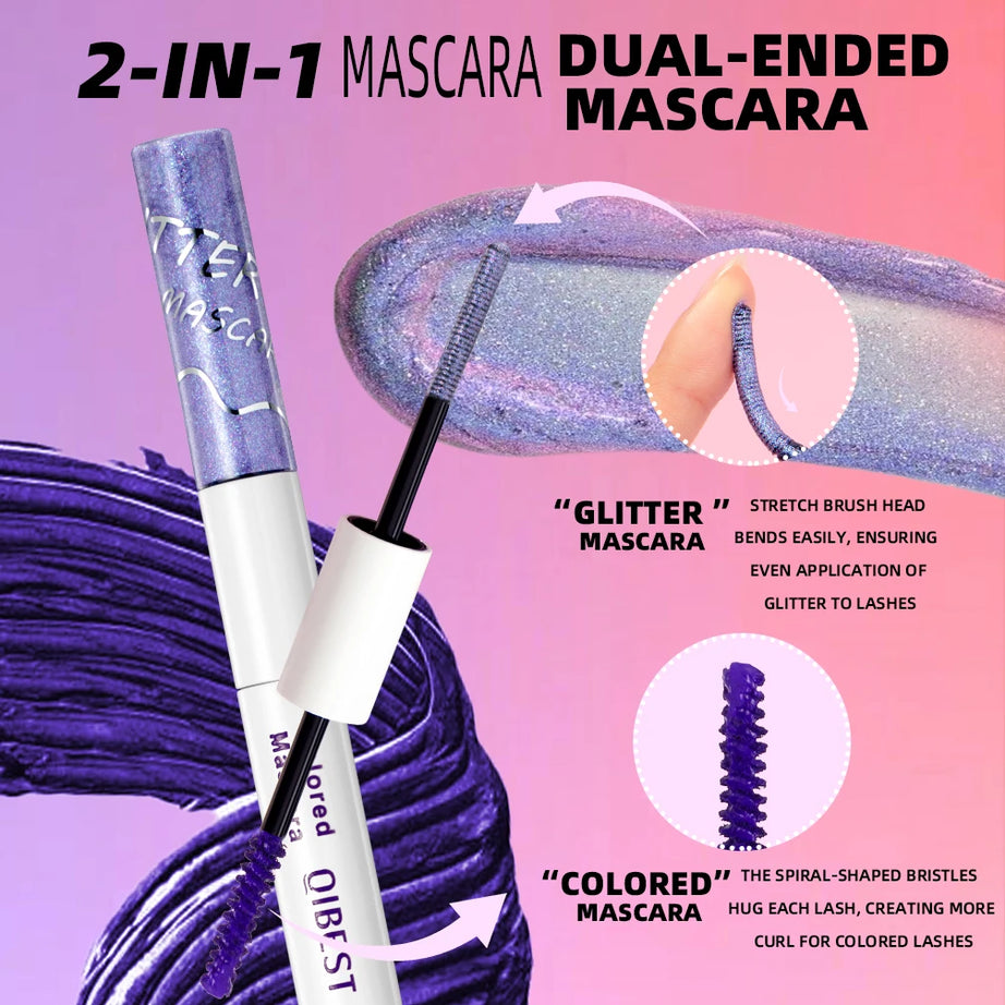 QIBEST Double Ended Diamond Glitter Mascara Lasting Colored Mascara Eyelashes Pink Blue Green Red Voluminous Mascara Rimel