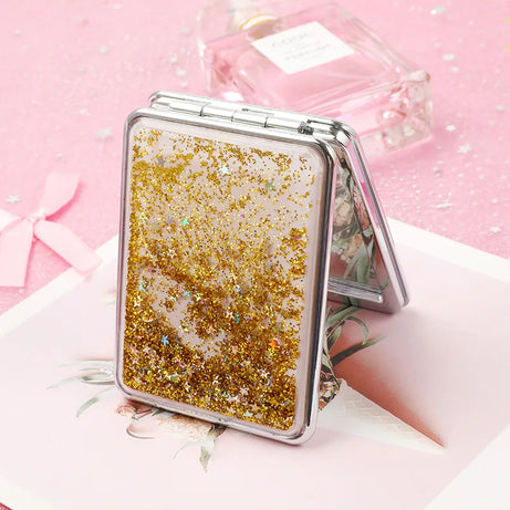 Folding Double-Sided Cosmetic Mirrors for Women Gifts with Flowing Sparkling Sand Mini Makeup Mirror Compact Pocket Mirrors Pink