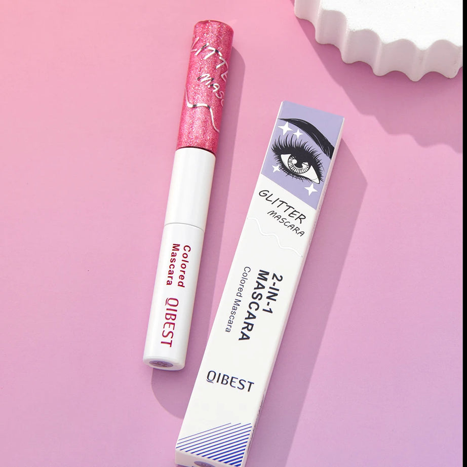 QIBEST Double Ended Diamond Glitter Mascara Lasting Colored Mascara Eyelashes Pink Blue Green Red Voluminous Mascara Rimel