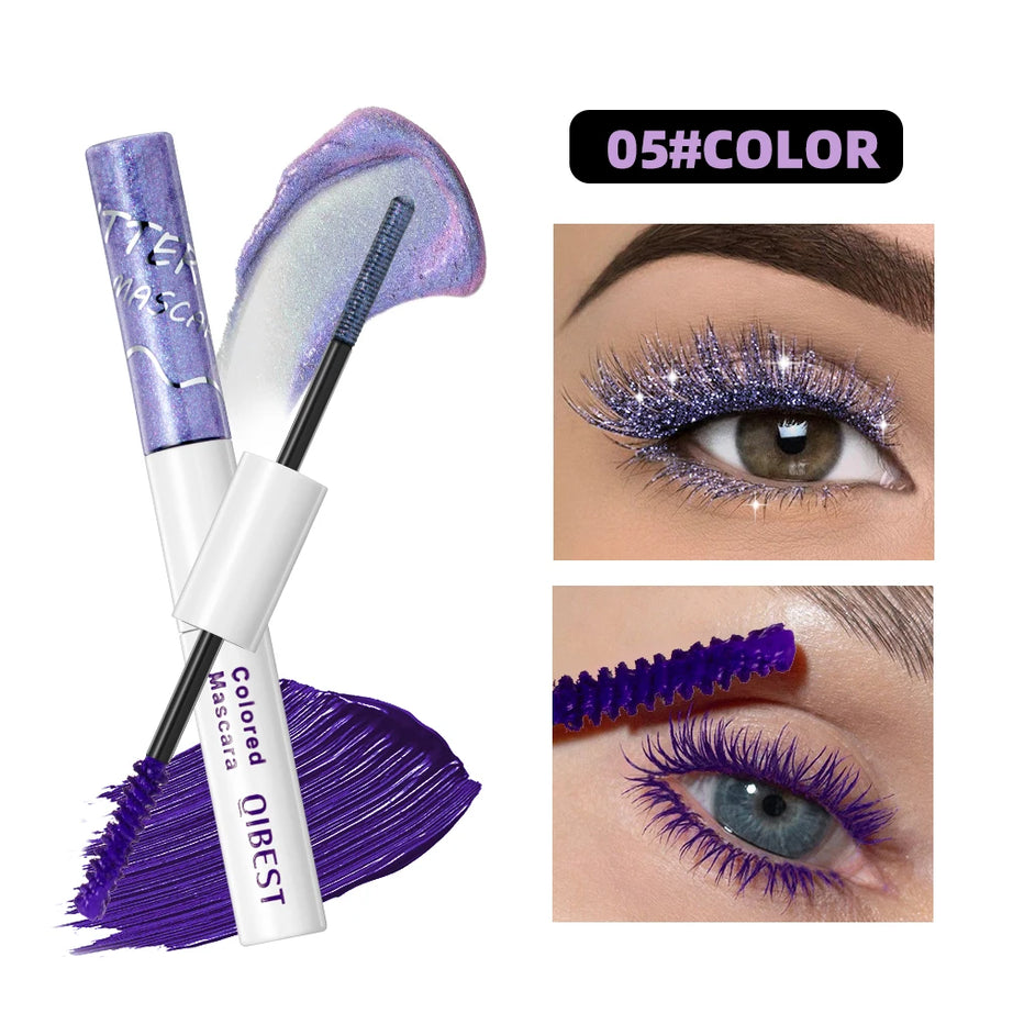 QIBEST Double Ended Diamond Glitter Mascara Lasting Colored Mascara Eyelashes Pink Blue Green Red Voluminous Mascara Rimel