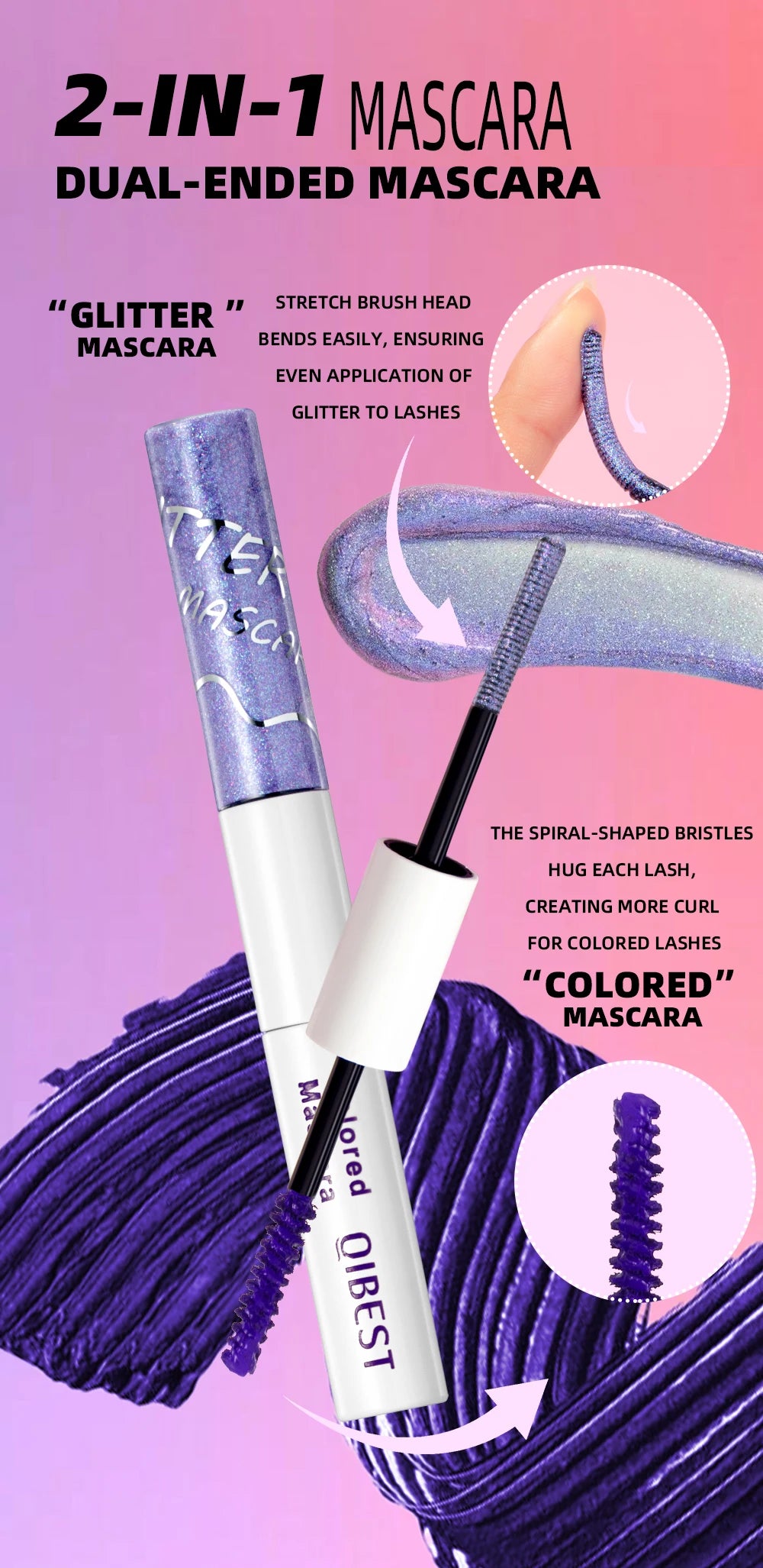 QIBEST Double Ended Diamond Glitter Mascara Lasting Colored Mascara Eyelashes Pink Blue Green Red Voluminous Mascara Rimel
