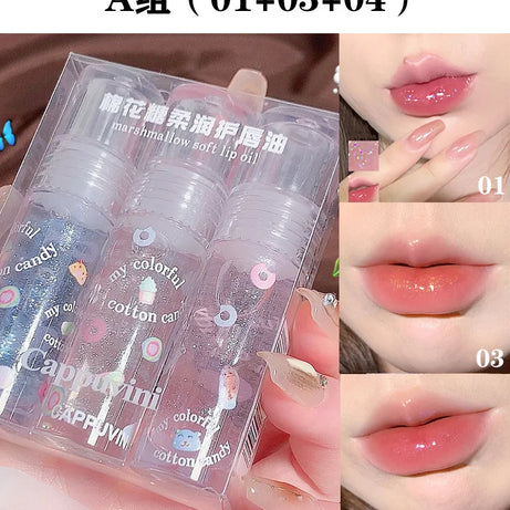 3Pcs/box Transparent Glitter Lip Gloss Set Clear Water Light Lip Glaze Moisturizer Color Changing Lip Oil Jelly Mirror Lipsticks