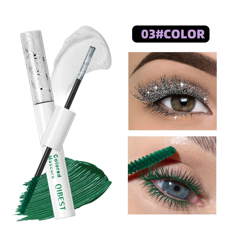 QIBEST Double Ended Diamond Glitter Mascara Lasting Colored Mascara Eyelashes Pink Blue Green Red Voluminous Mascara Rimel